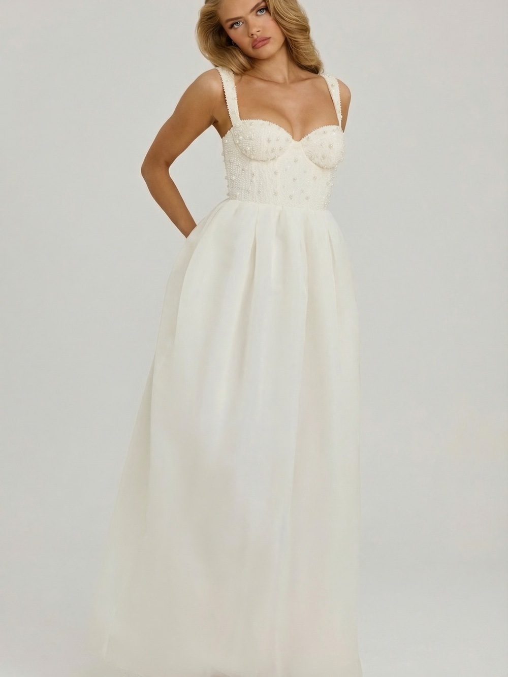 Oh Polly Ivory-White Beaded Bust Maxi Dress